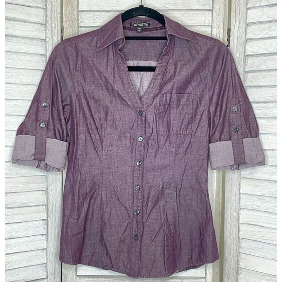 Express Purple Button Down Shirt Convertible Sleeve Size XS - Picture 3 of 7